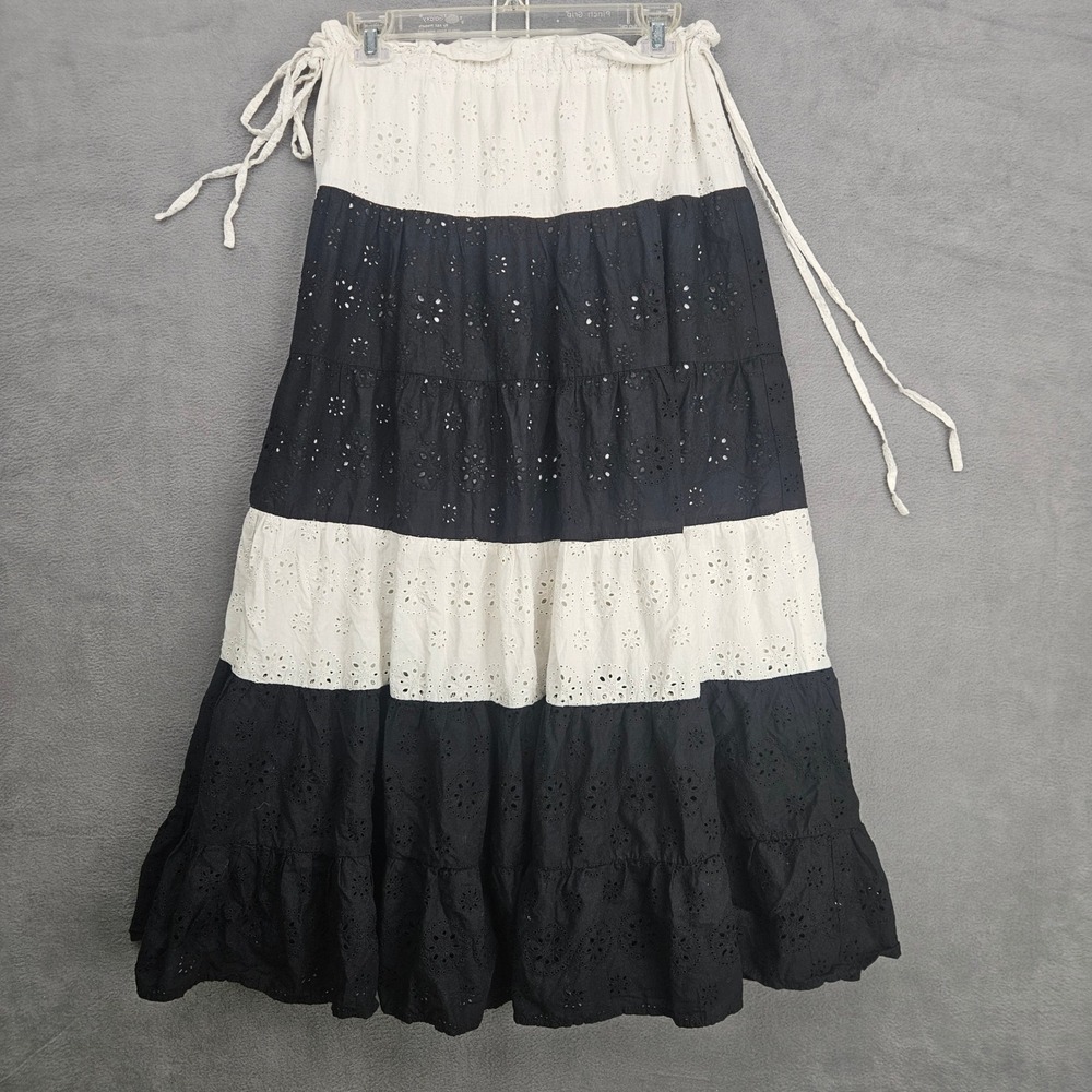 Hutch Black White Eyelet Tiered Maxi Skirt Cotton Boho Colorblock Womens Small